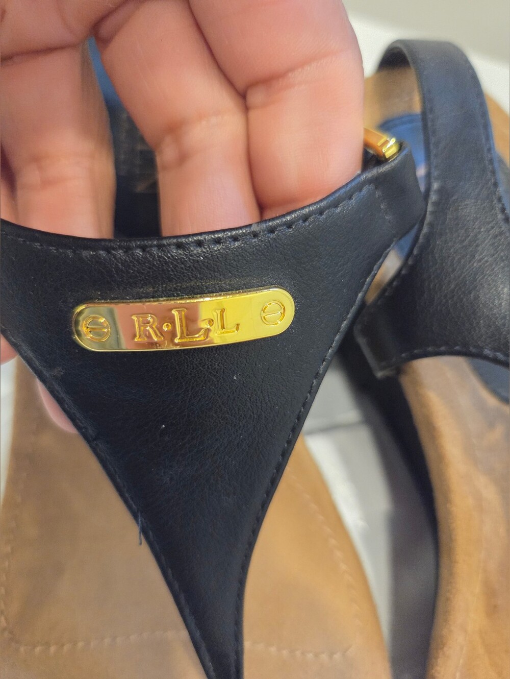 Ralph Lauren Black Leather Thong Widge Sandals with Gold Accent NIKKI Size 7B